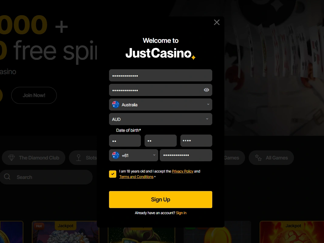 JustCasino sign up form showing country, currency, date of birth and Australian phone code fields