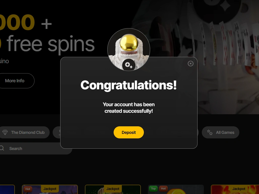 Congratulations modal confirming account creation with a Deposit button over the casino lobby