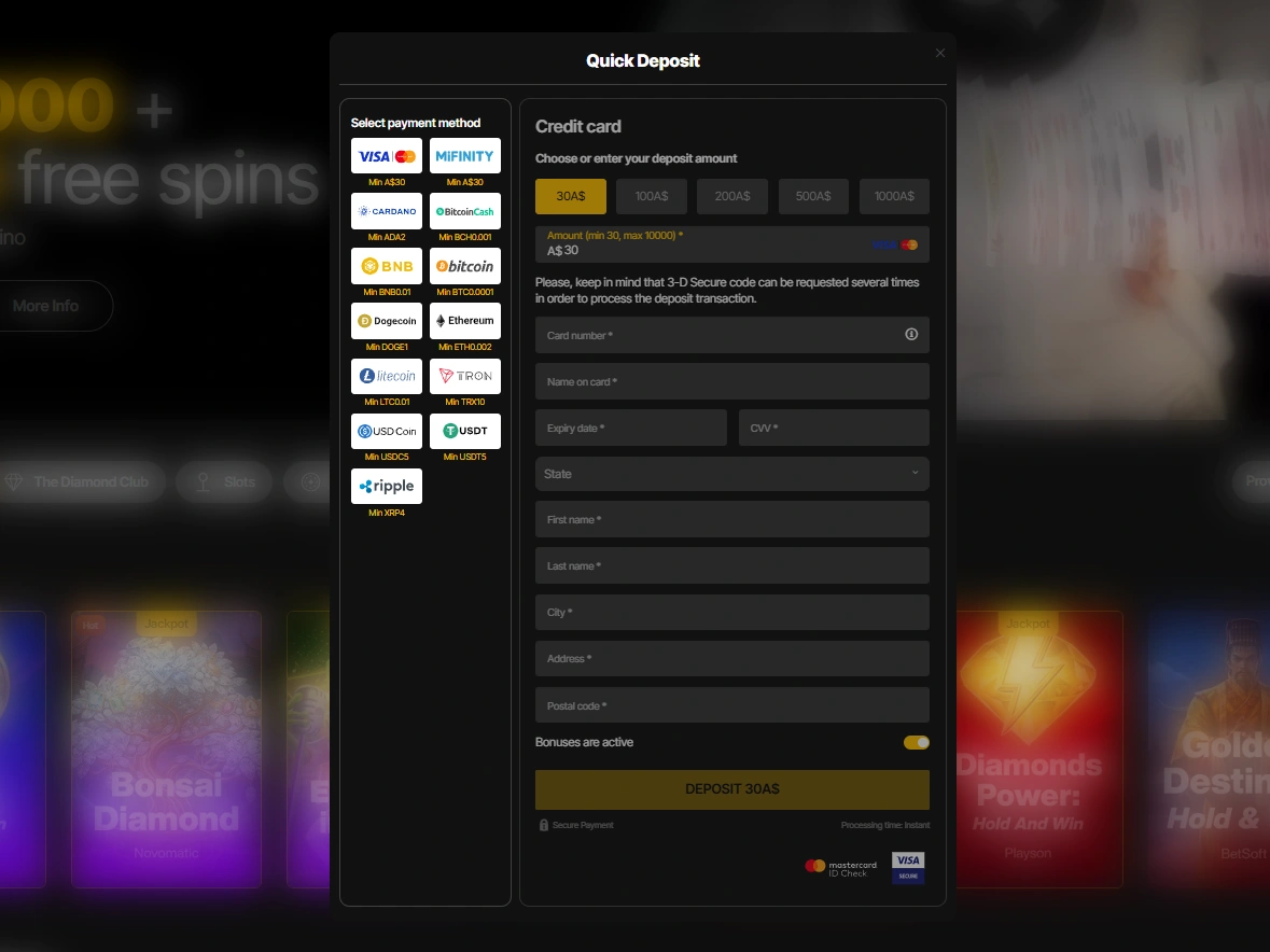 Quick Deposit cashier showing credit card fields, billing details and payment method options
